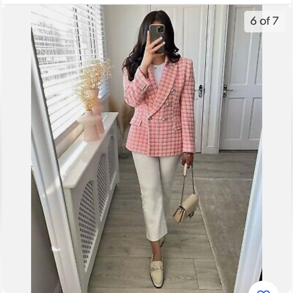 ZARA WOMAN DOUBLE BREASTED TEXTURED TWEED JACKET CHECK PINK  (XS)